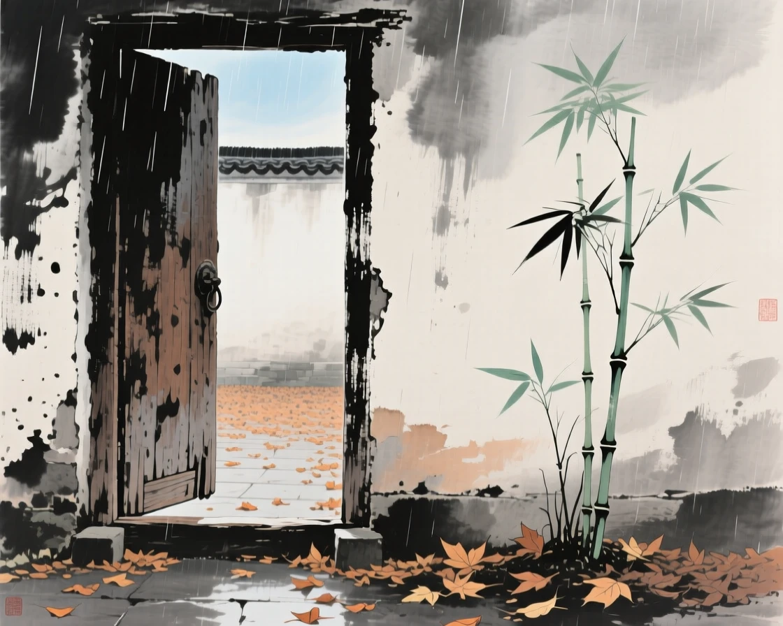 An old wooden door left ajar onto a courtyard of fallen leaves, touched with gentle melancholy, beneath a sky washed clean by rain, as new bamboo shoots break through the soil.