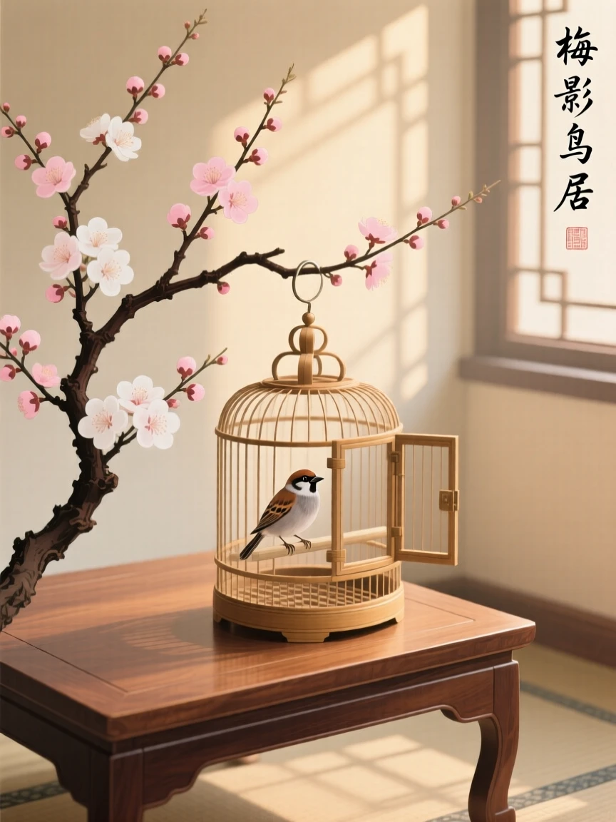 A small bird cage hanging beside a blooming plum branch on a low table in a sunlit room