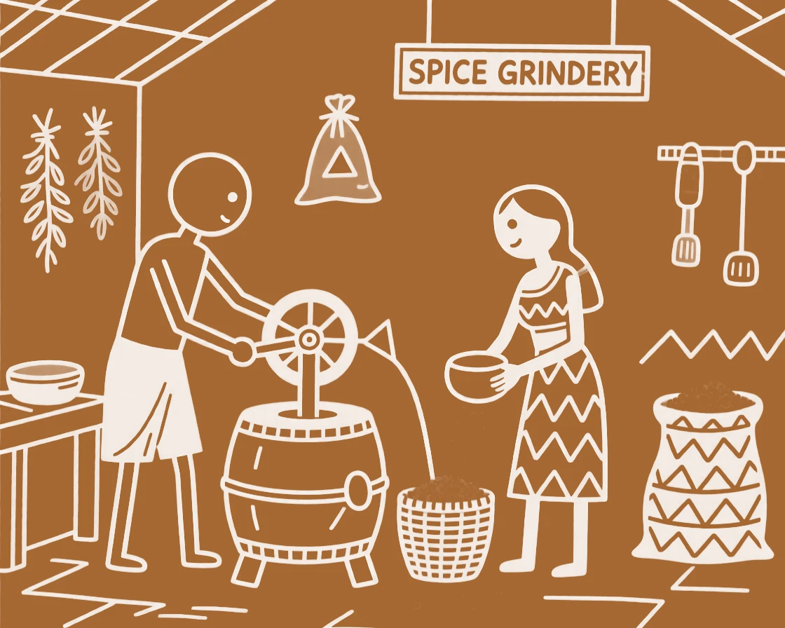A spice grinder working alongside a spouse in a small workshop.