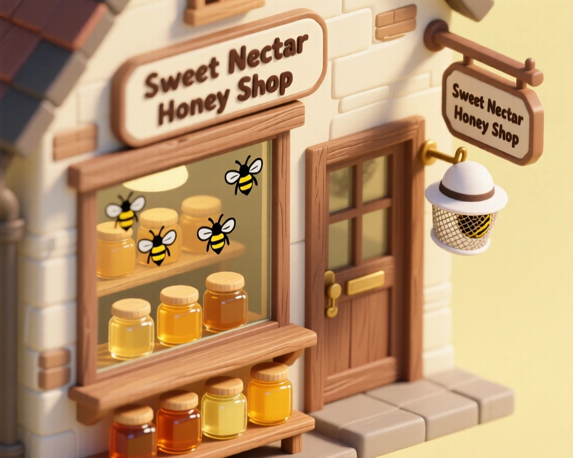 A quaint honey shop with jars of golden honey in every shade, a beekeeper's hat hanging by the door, and bees painted on the window.