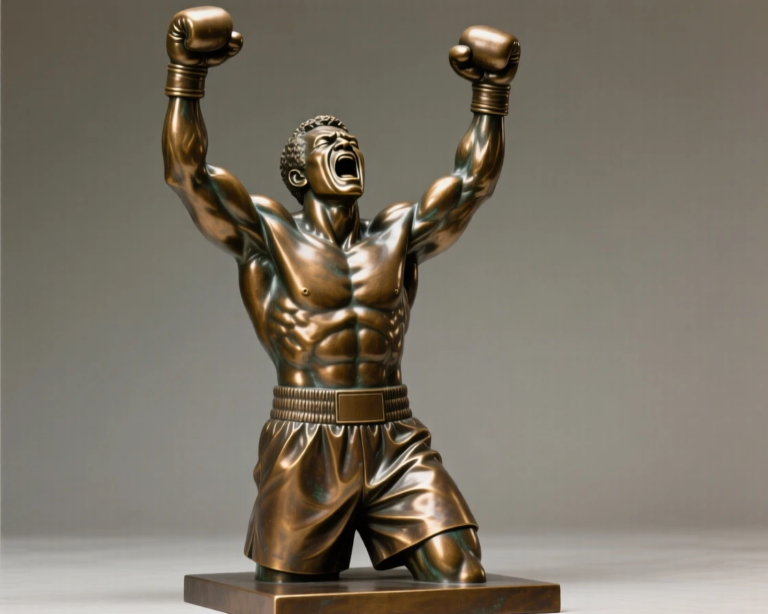 A boxer raising his fists in victory, in a moment of pure emotion, forming a strong central focal point