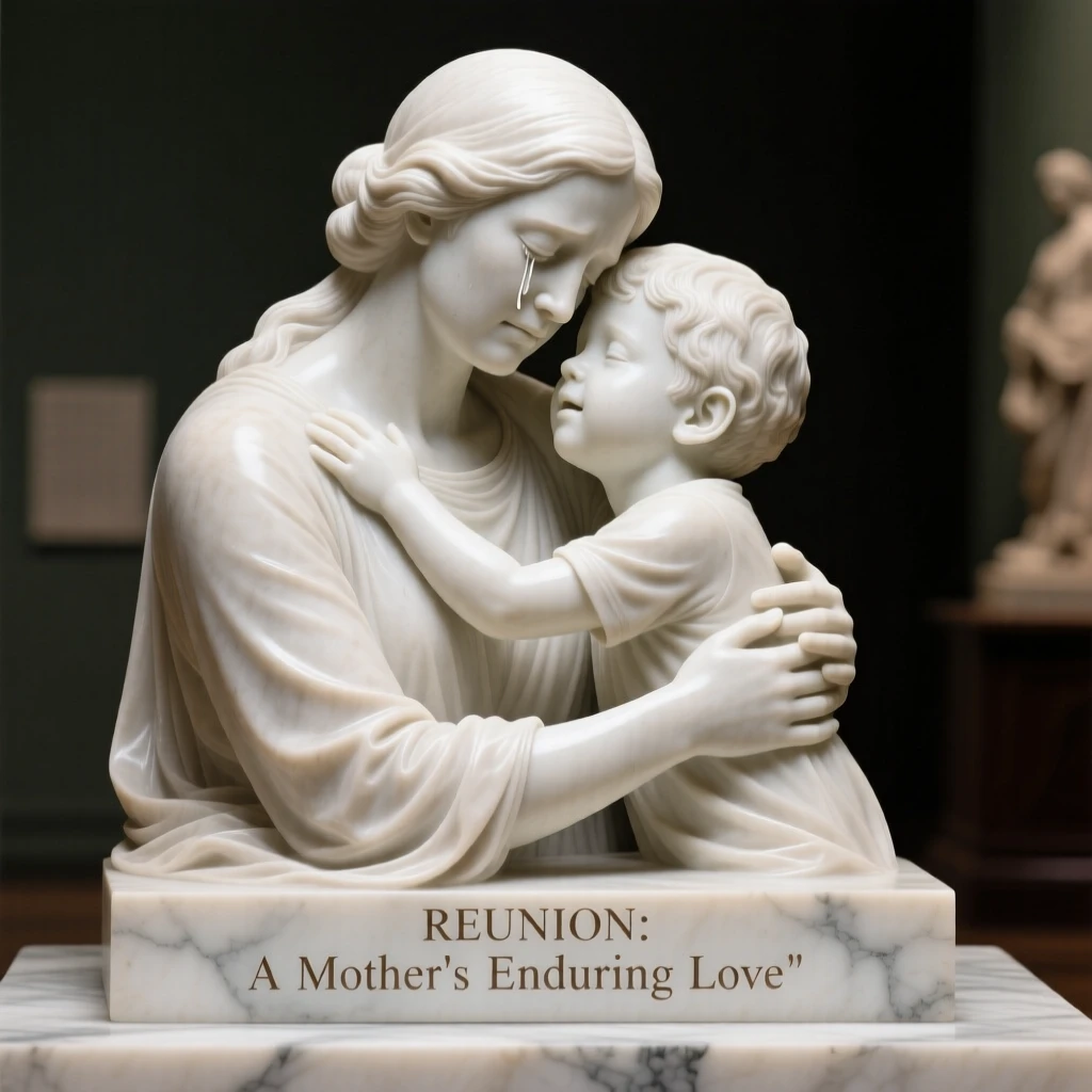 A heartfelt moment showing a mother reuniting with her child after years apart, radiating love and genuine human emotion