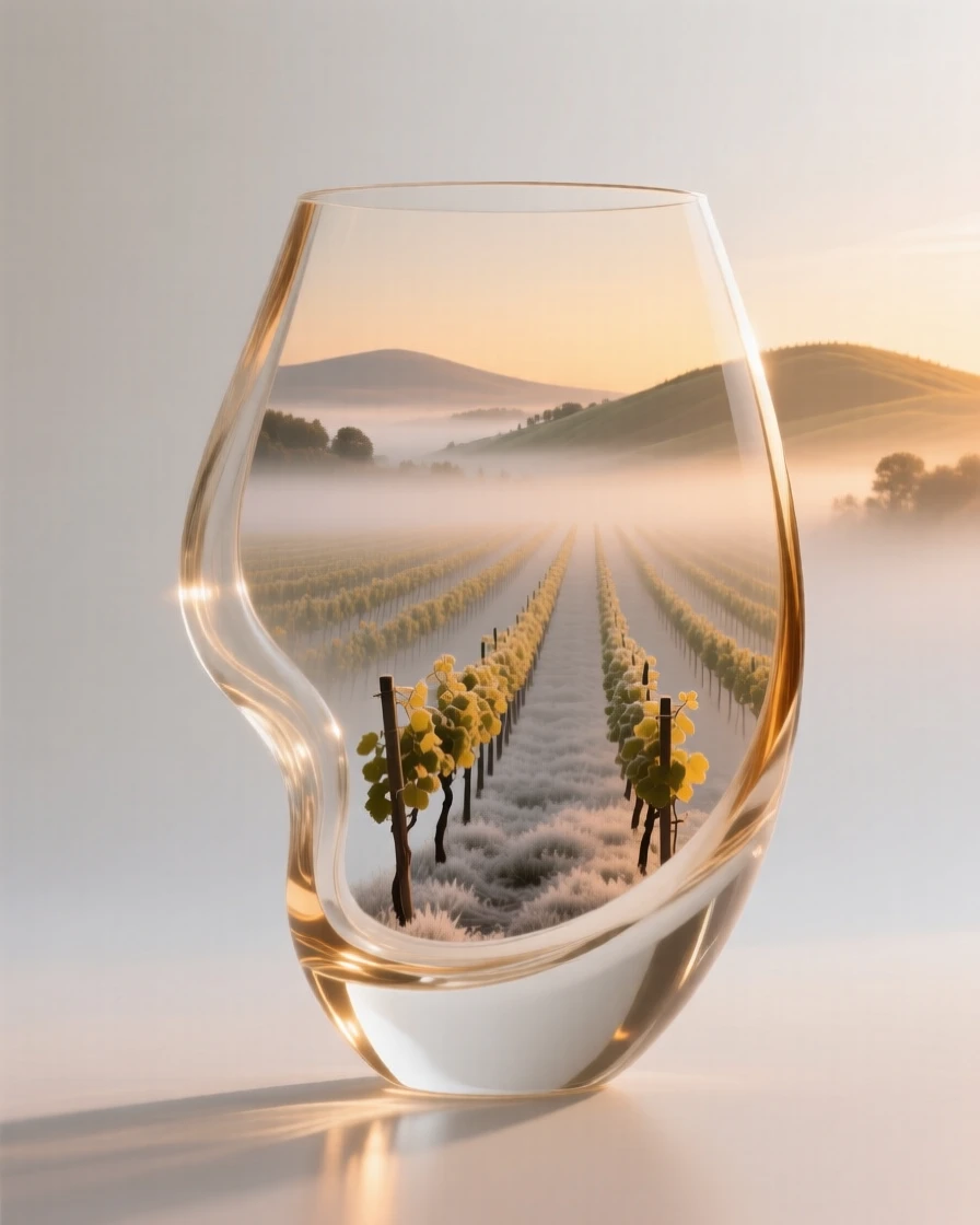 A vineyard at golden hour with rows stretching to distant hills at the quiet hush of early morning, gentle mist rising, composition inviting stillness and reflection.