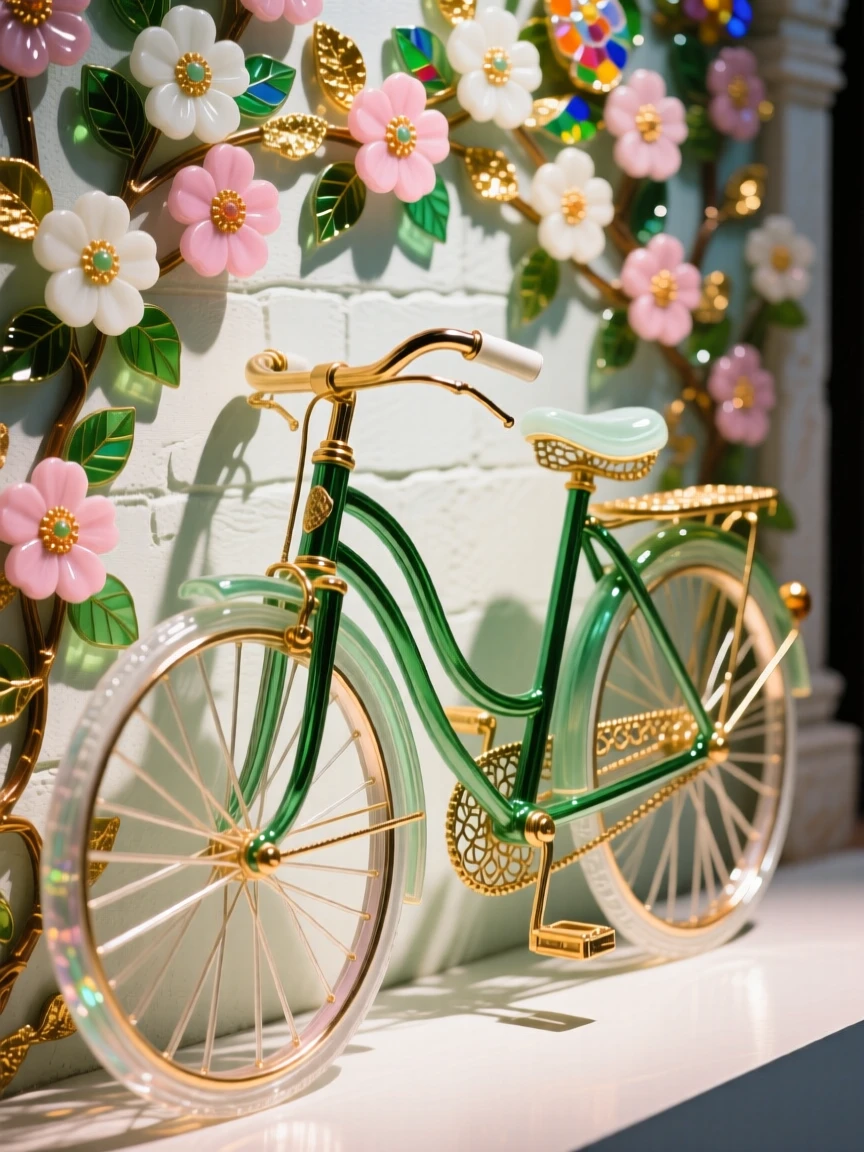 A vintage bicycle leaning against a flower-covered wall, charming and nostalgic.