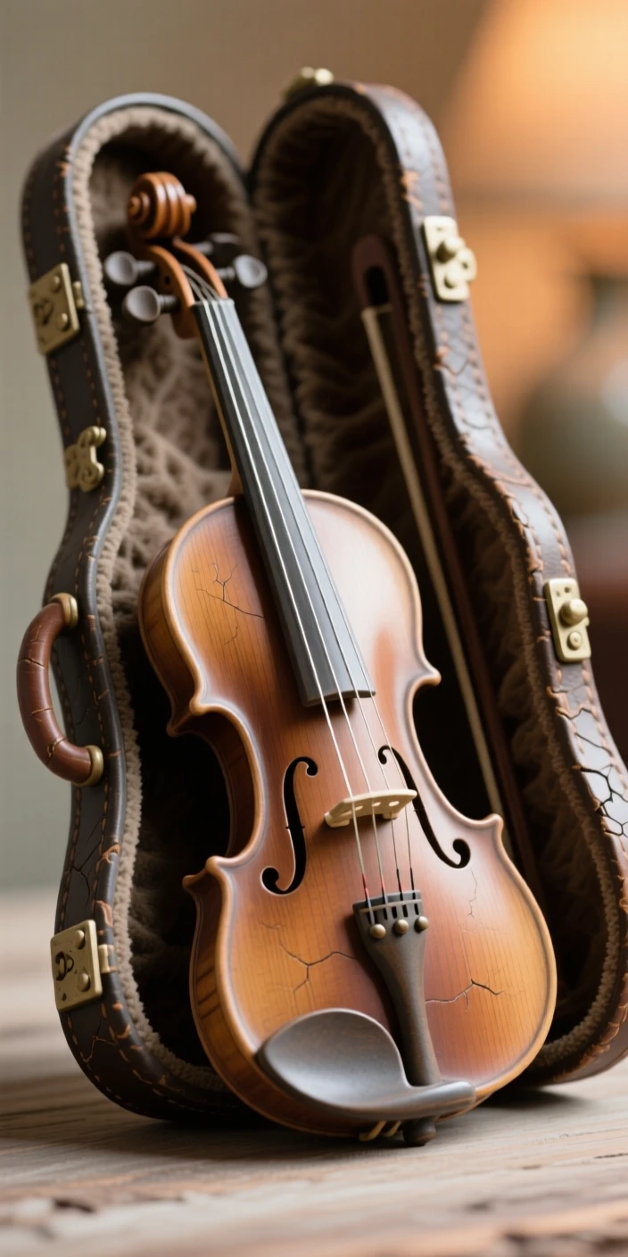 A violin resting against an open case posed as if just set down a moment ago, set against a softly blurred background, conveying a cozy, storybook atmosphere.