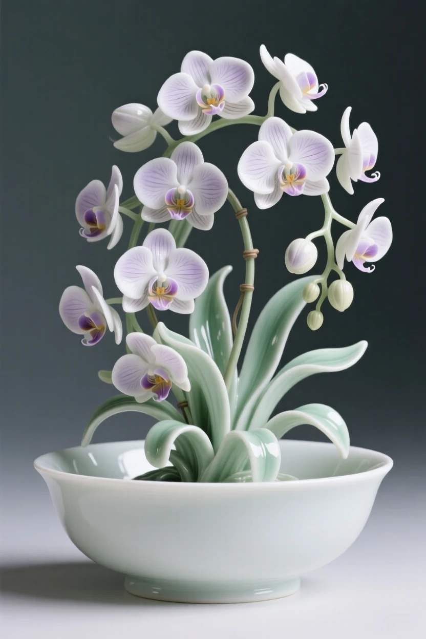 A lush arrangement of orchids in a shallow decorative bowl, arranged in a graceful cascading style.