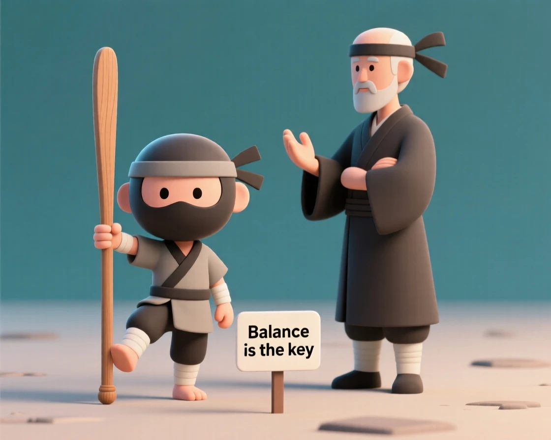A young ninja student learns to balance a wooden staff perfectly on one fingertip under a teacher's watchful eye.