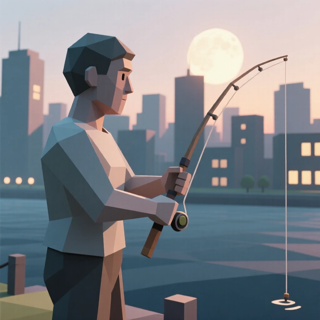 A fisherman casting a line at sunrise, against a backdrop of city lights. fine details in expression bring the moment to life. The mood feels tender and heartfelt.