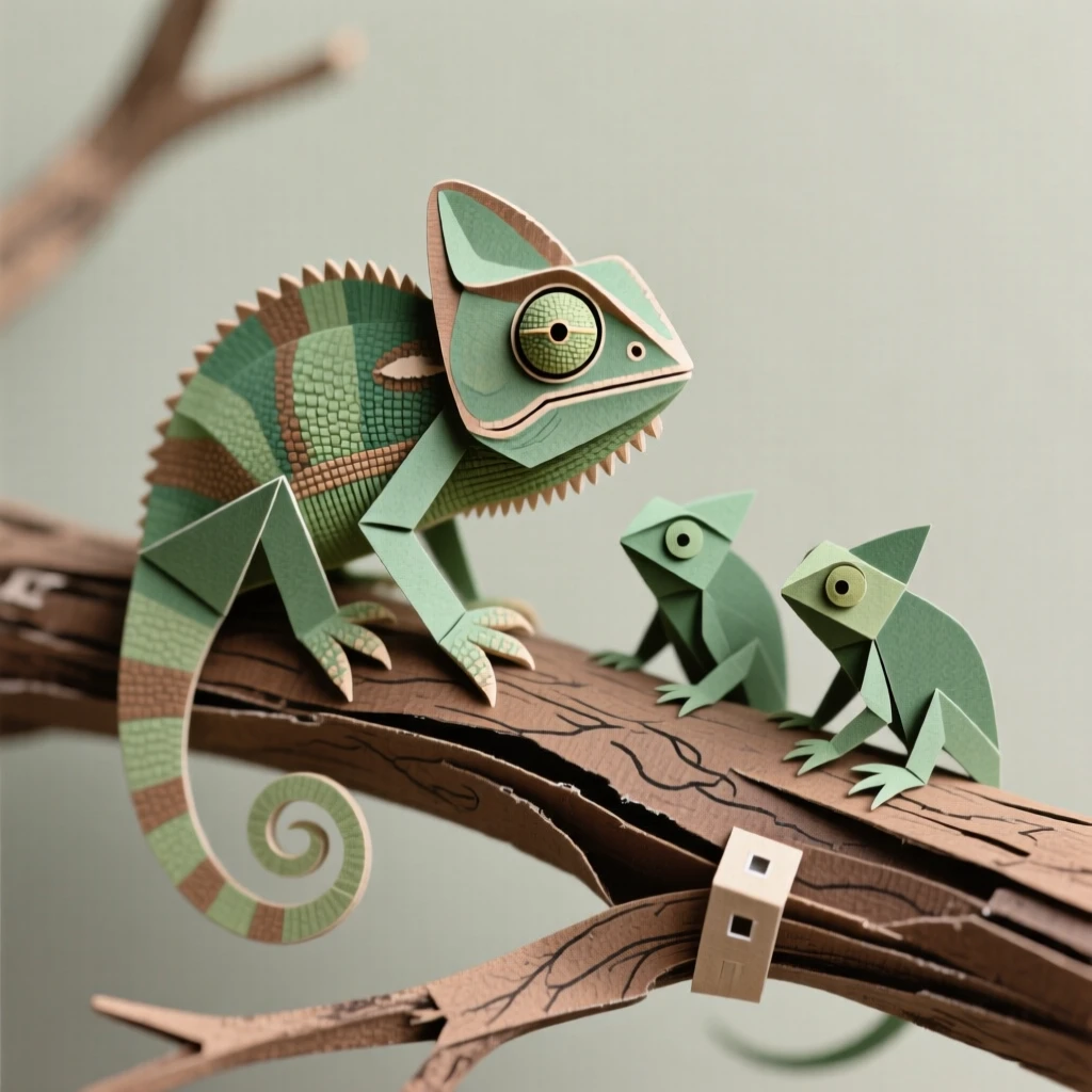 A tiny chameleon perched on a weathered branch, with its family close by watching, conveying quiet dignity and grace.