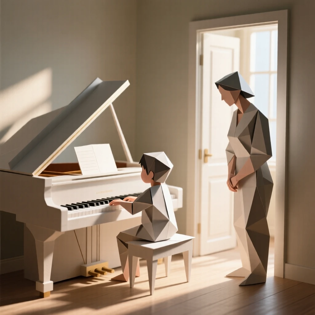 A child practicing piano in a sunlit room while a parent listens from the doorway.