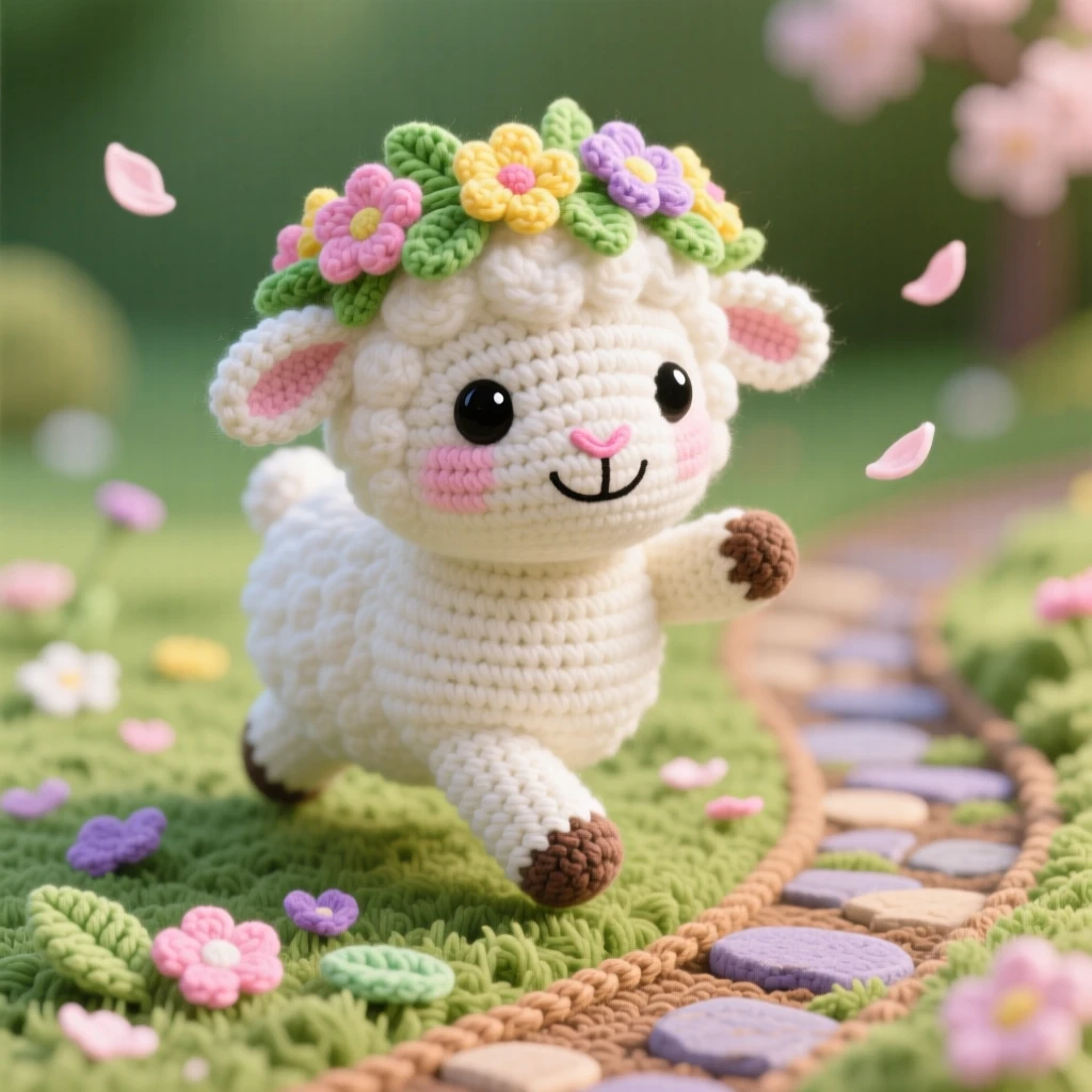 A festive scene of a cheerful spring lamb wearing a flower wreath prancing through a meadow, greeting the first warm day of the season within a peaceful garden path scattered with fallen petals; a scattering of fallen leaves or petals nearby, radiating festive excitement and shared celebration.
