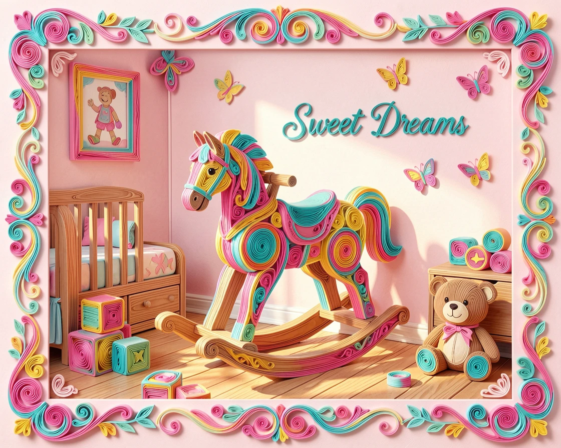 A whimsical children's scene of a rocking horse in a sunlit nursery corner in a candy-colored dreamland, in bright candy colors of pink, turquoise, and yellow, framed with a whimsical storybook illustration feel.