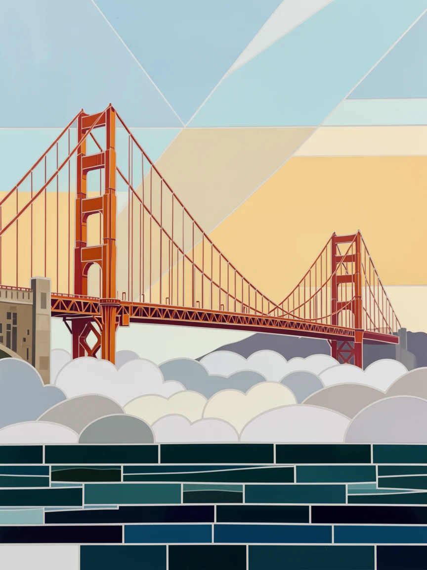The Golden Gate Bridge emerging from morning fog.