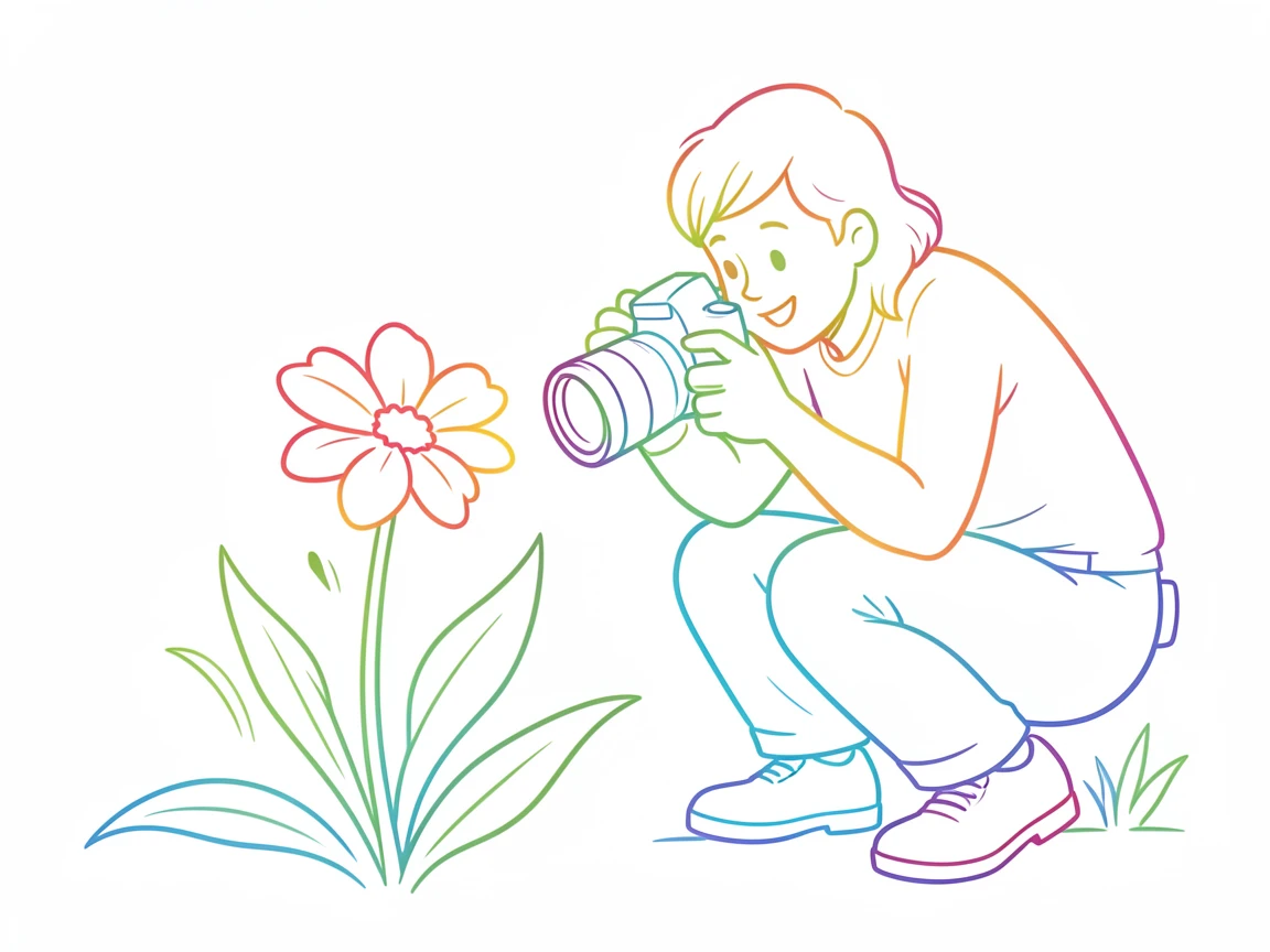 A photographer crouched low to capture a close-up shot of a wildflower.