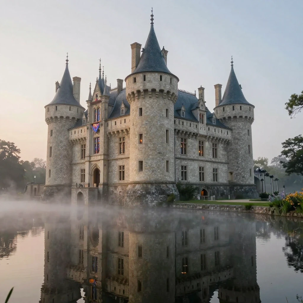An enchanted castle surrounded by a moat and fog