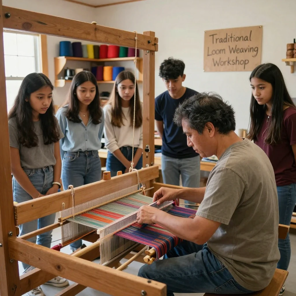A weaver demonstrates a traditional loom technique to an attentive group of students.