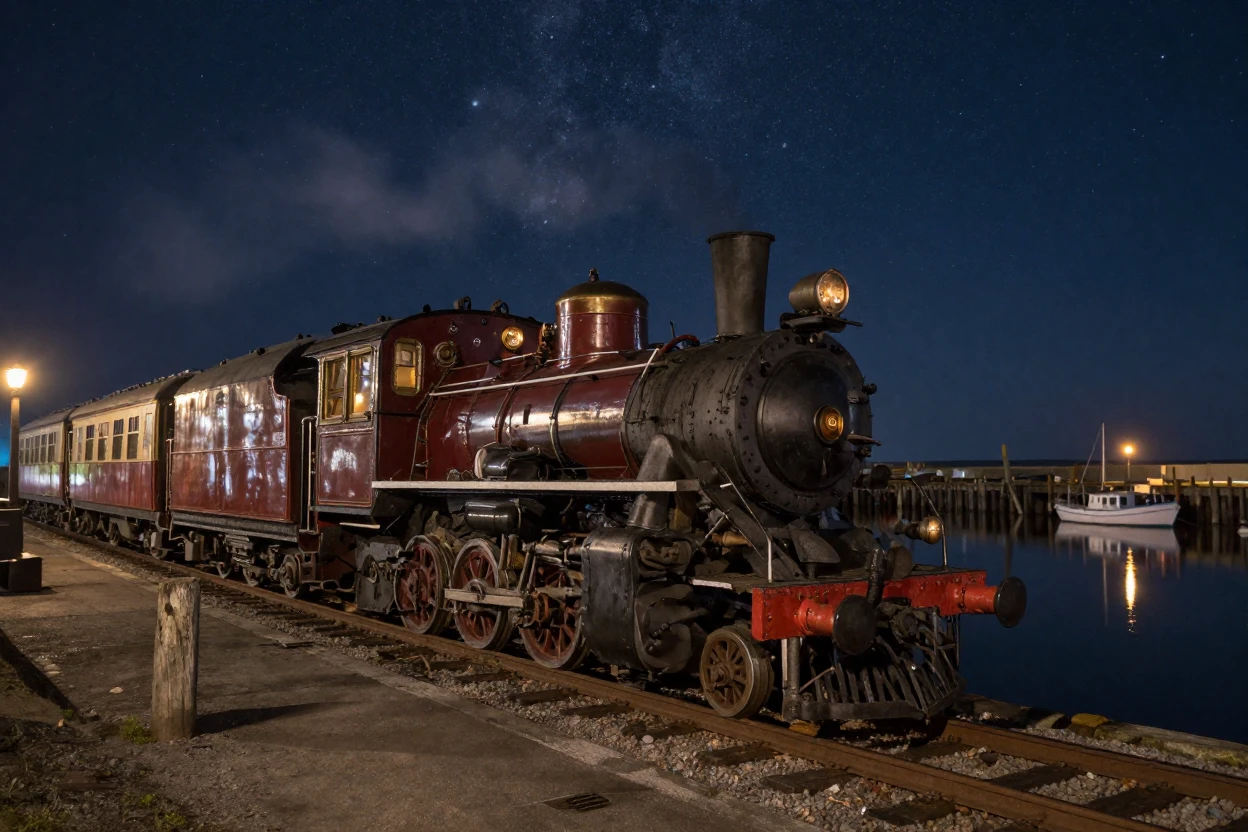 A vintage steam train resting quietly in a small harbor beneath a canopy of stars