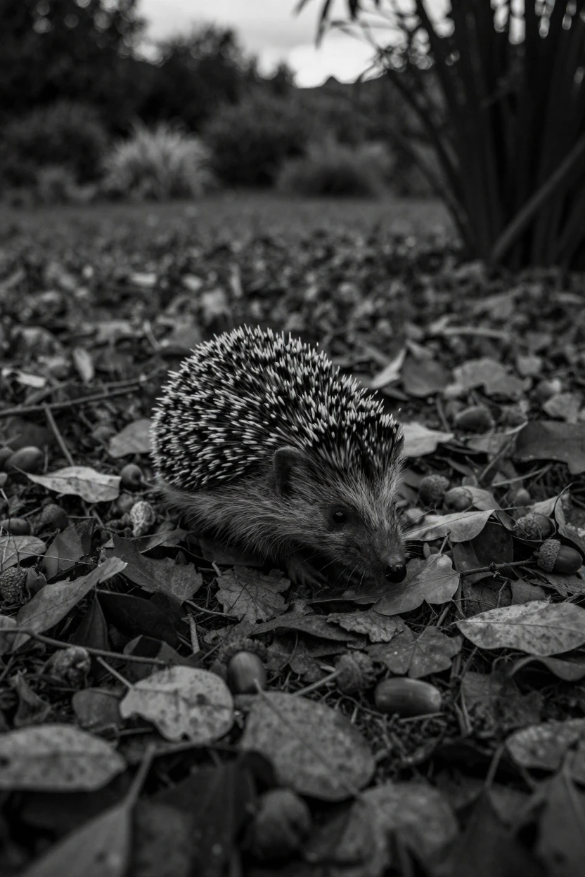 A hedgehog forages through fallen leaves in a quiet garden at dusk.