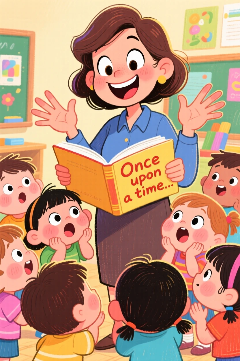 A kindergarten teacher reading a picture book aloud to a circle of wide-eyed children.