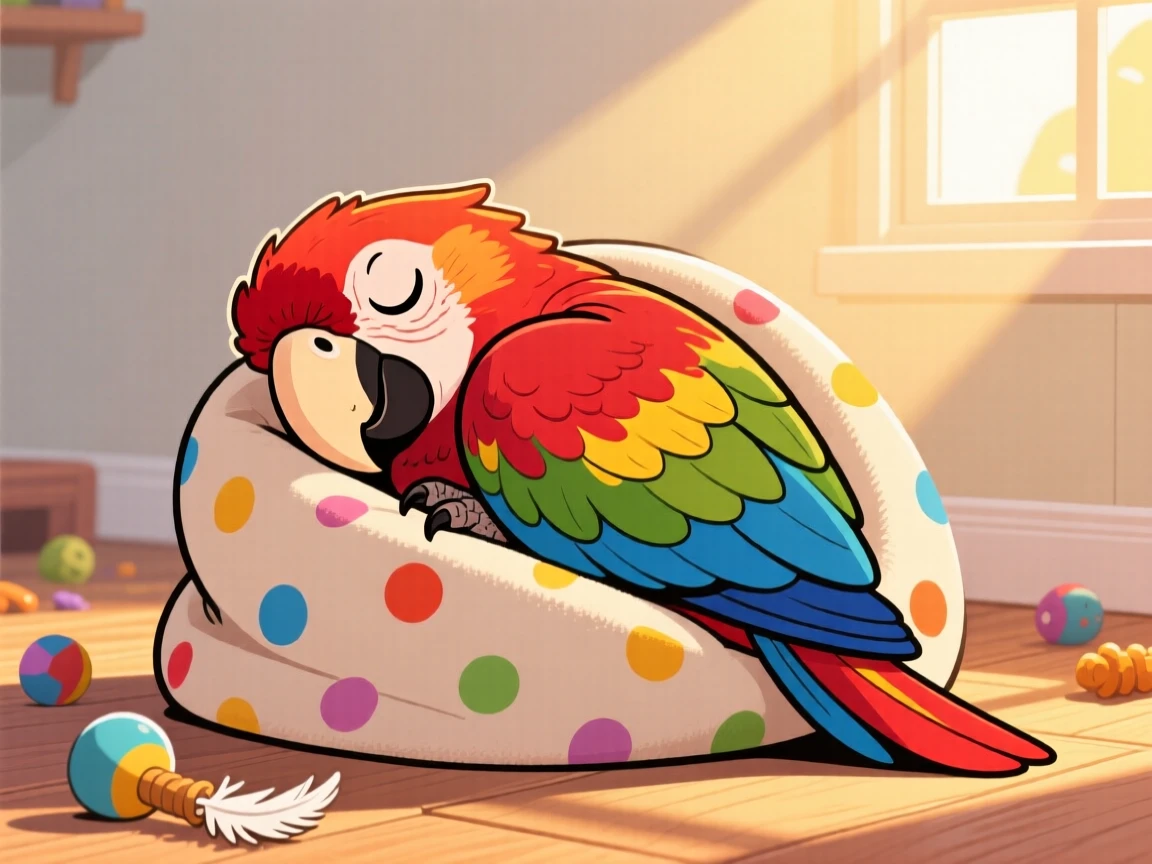 A playful pet moment featuring a majestic parrot curling up for a nap in a sunbeam, wrapped in a cozy blanket.