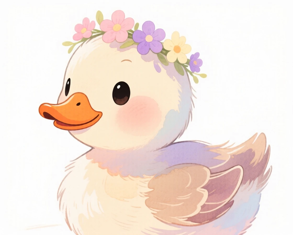 A duckling wearing a flower crown