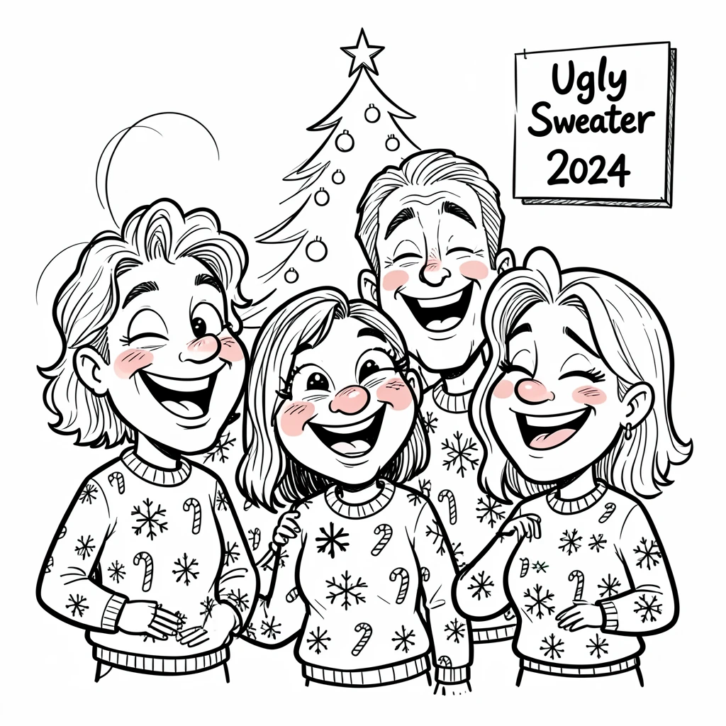 [Seasonal Holidays & Celebrations] Festive scene of friends dressed in matching ugly Christmas sweaters at a party, full of celebration and joy