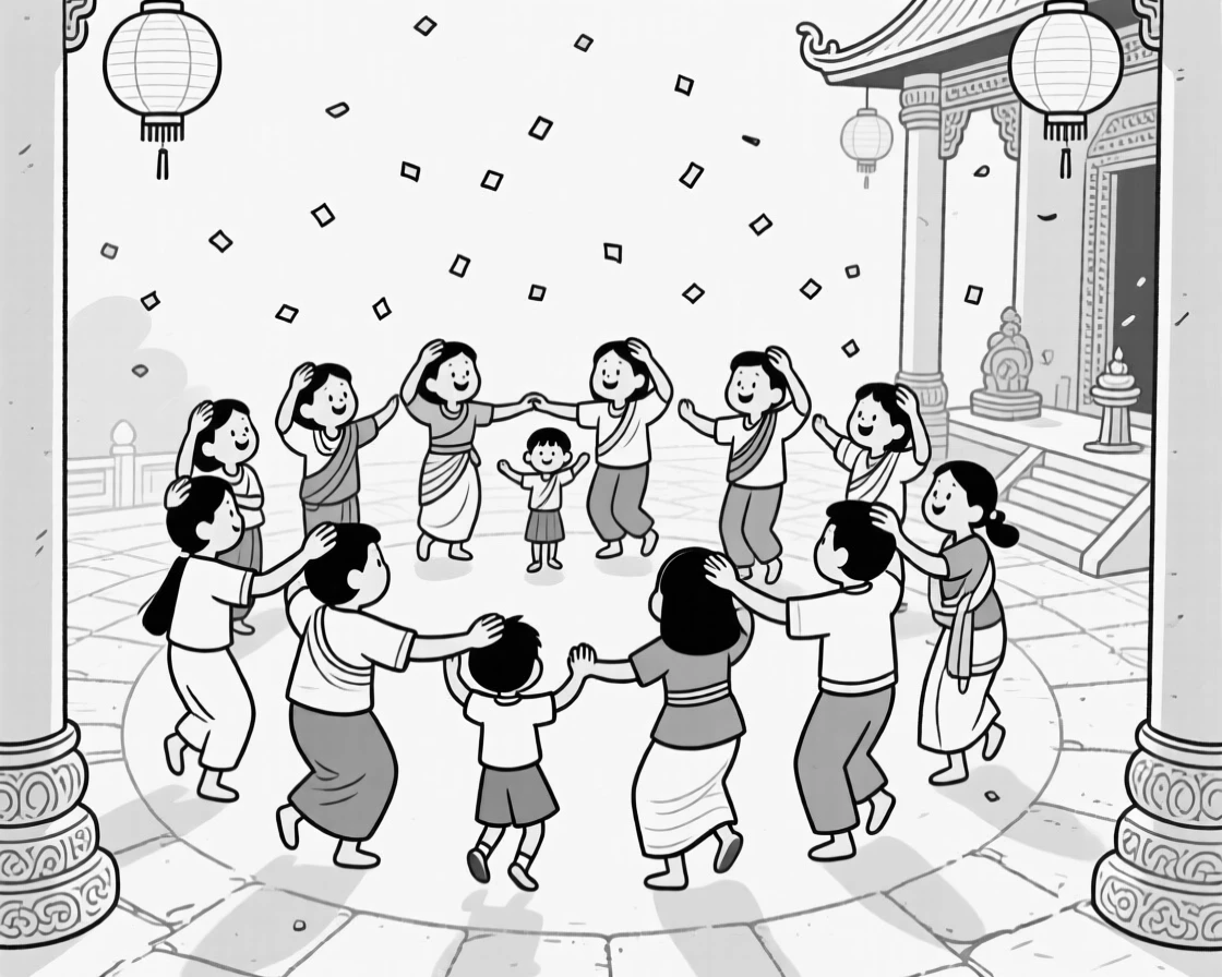 An entire village dancing together in a circle, placing a gentle hand atop the child's head, set at a temple courtyard during a sacred ceremony. Confetti drifts lazily through the air. The scene overflows with communal joy and tradition.