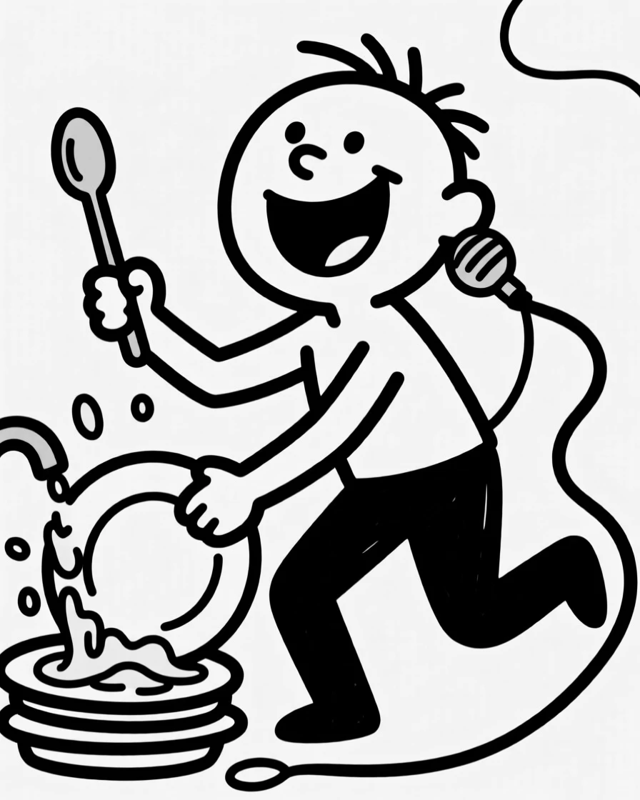 A person happily dancing while doing dishes, using a spoon as a microphone.
