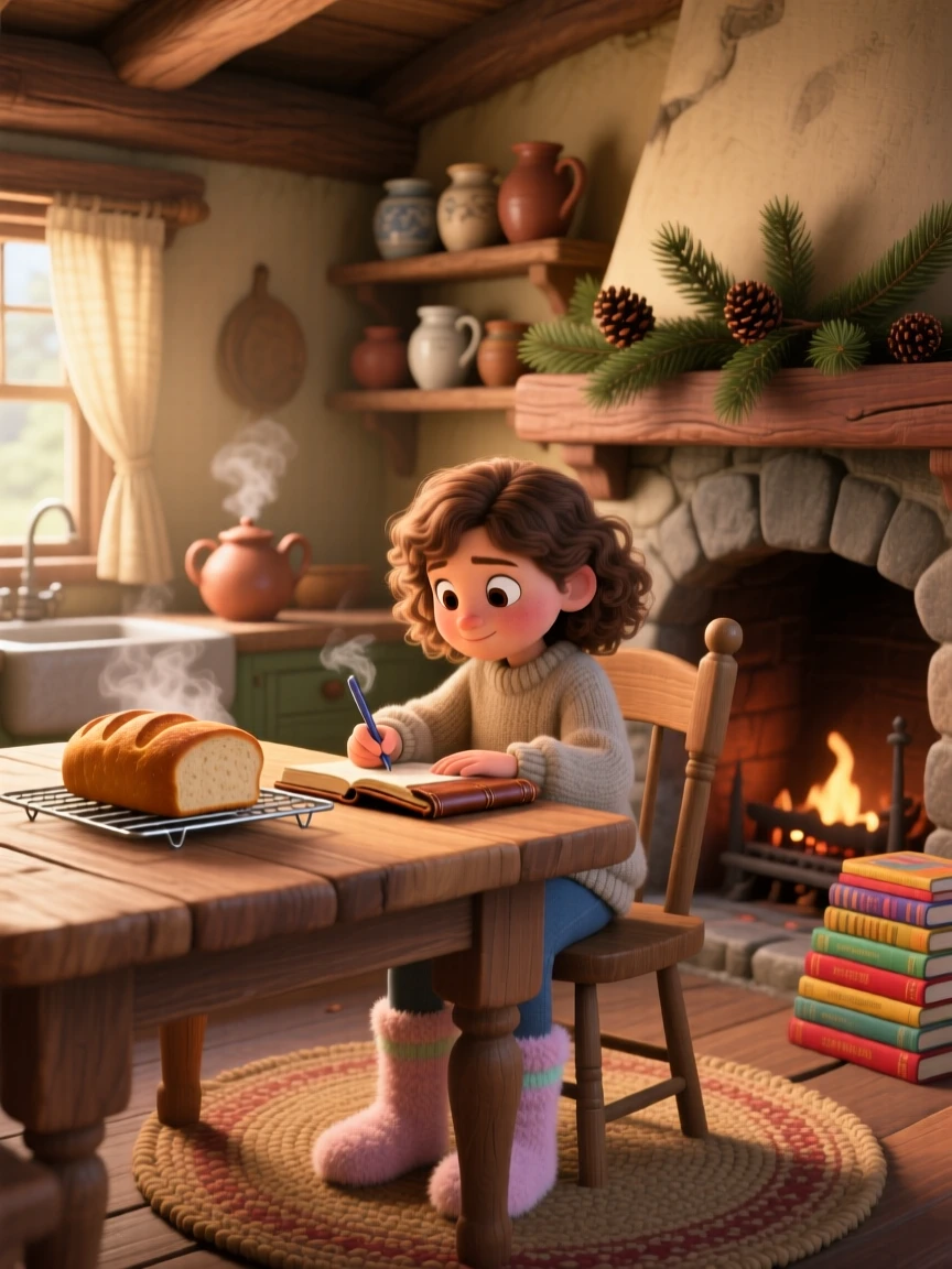 A little girl in fuzzy socks sits at a rustic kitchen table with fresh bread cooling nearby, writing softly in a leather journal. A gentle nostalgia and calm settle over the scene, with pine branches decorating the mantel.