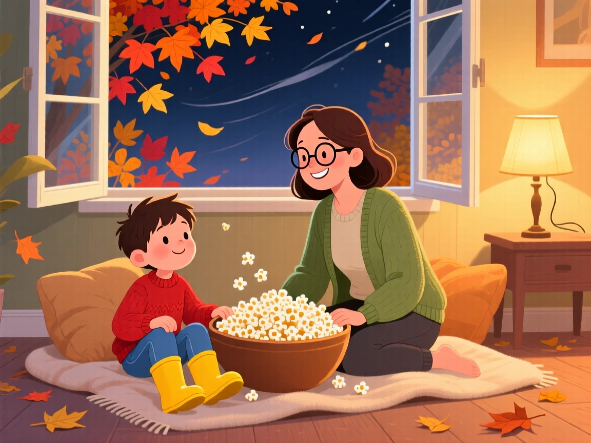 A boy in rain boots spends the afternoon sharing a big bowl of popcorn during movie night with her mother, as autumn leaves swirl around them.