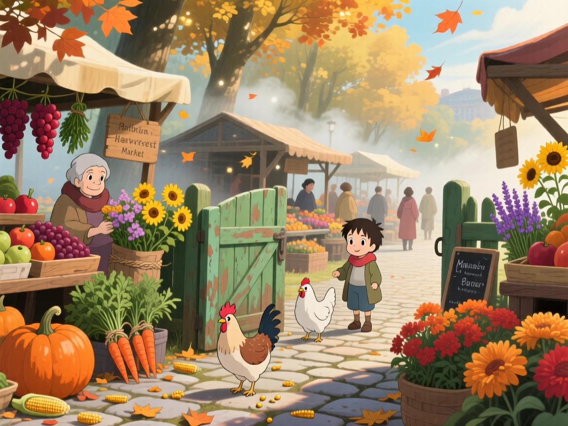 A market day with stalls of fresh produce and flowers, with chickens wandering freely near a garden gate, on a crisp autumn morning.