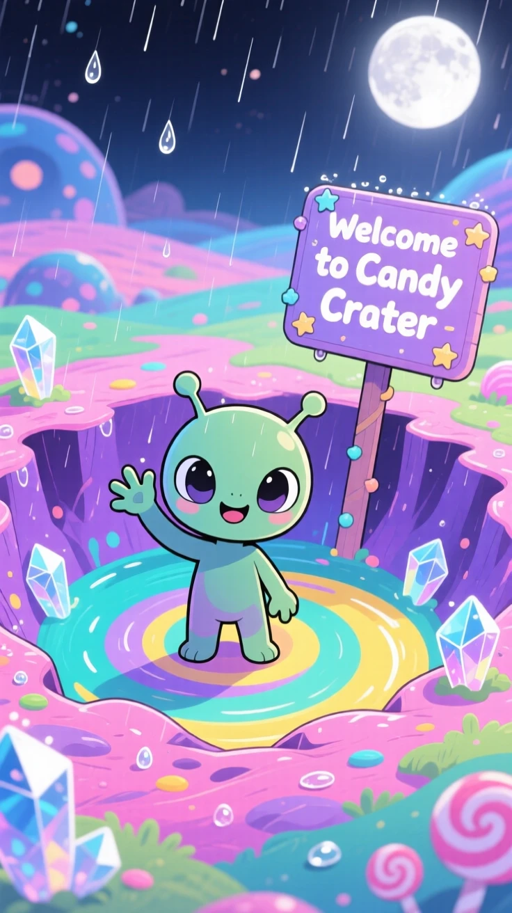 In a candy-colored alien landscape, a tiny alien friend is waving from a colorful crater during a gentle spring rain shower, bathed in soft moonlight, expression full of eager anticipation. Shot as a medium shot.