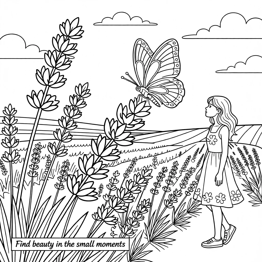 A field of lavender swaying in the wind, with a butterfly resting on one of the petals.