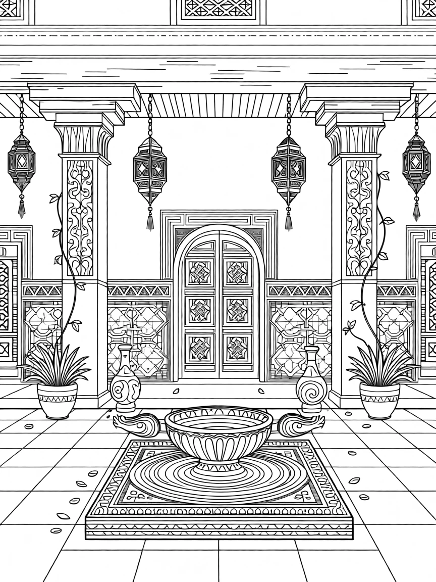 A courtyard with a tiled fountain and hanging lanterns in an old riad.