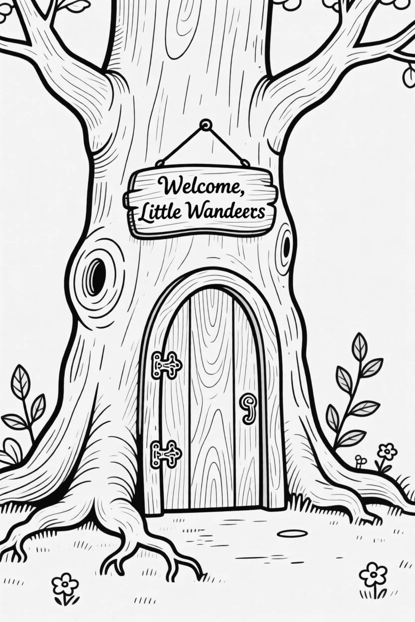 A hidden fairy door at the base of an old oak tree