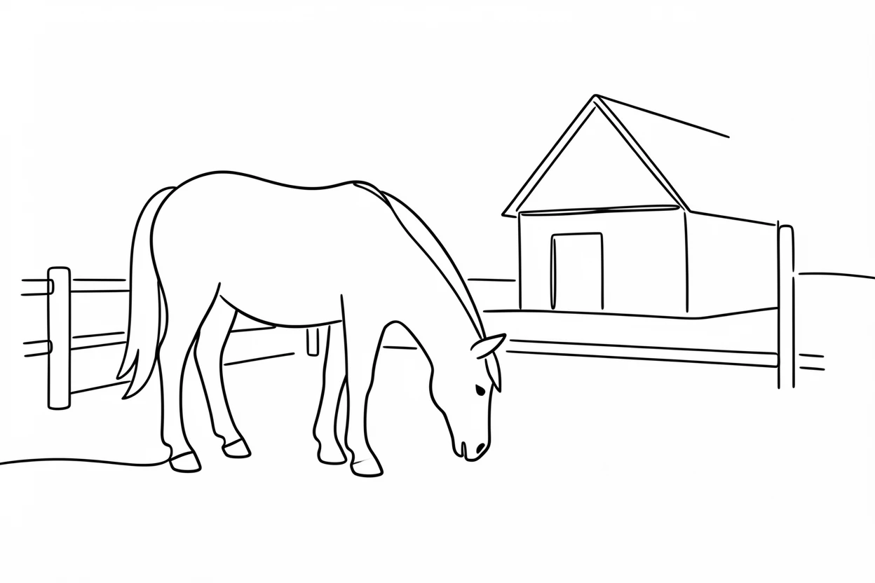 A pony grazing quietly in a small paddock beside a barn