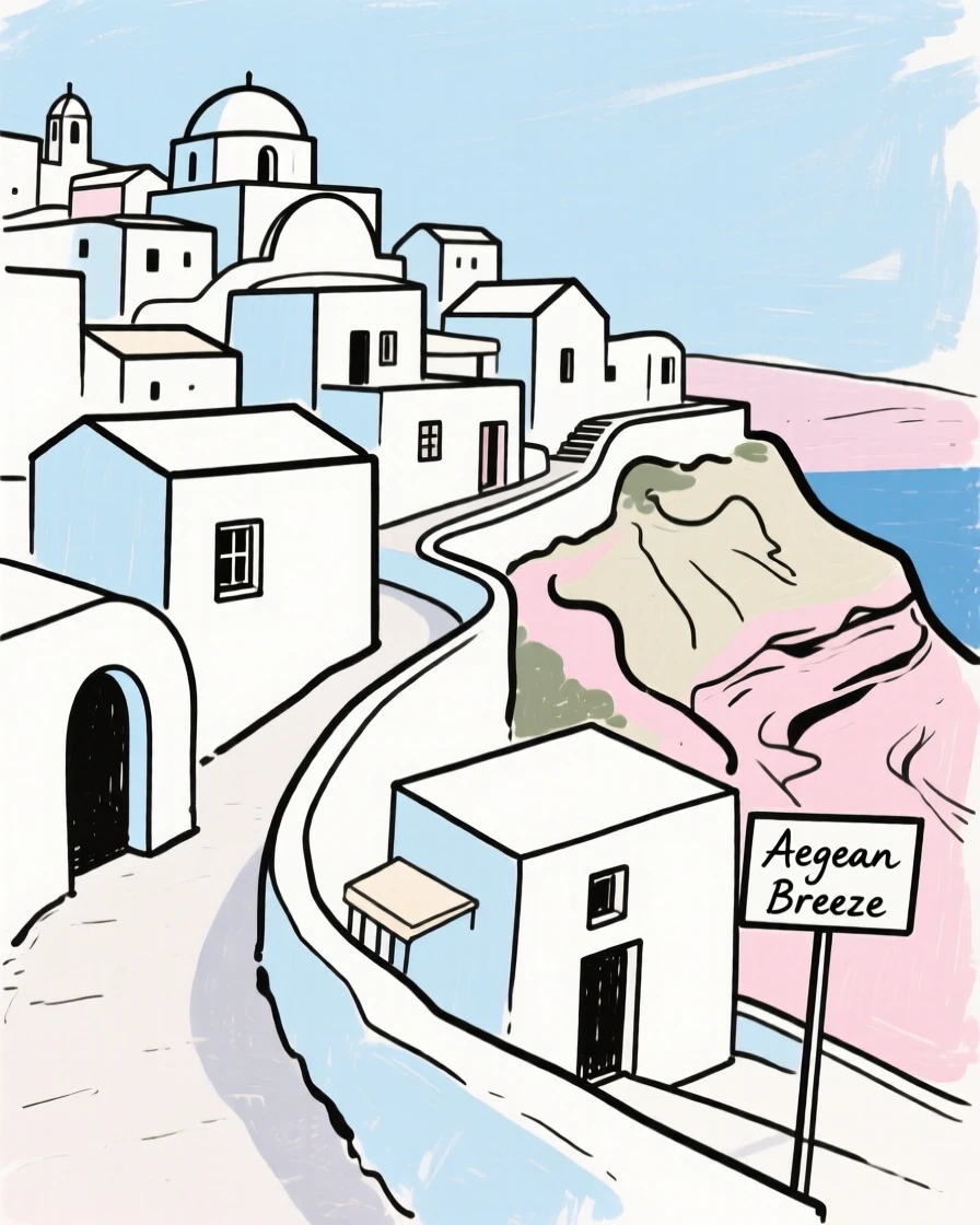 A Santorini village of white buildings