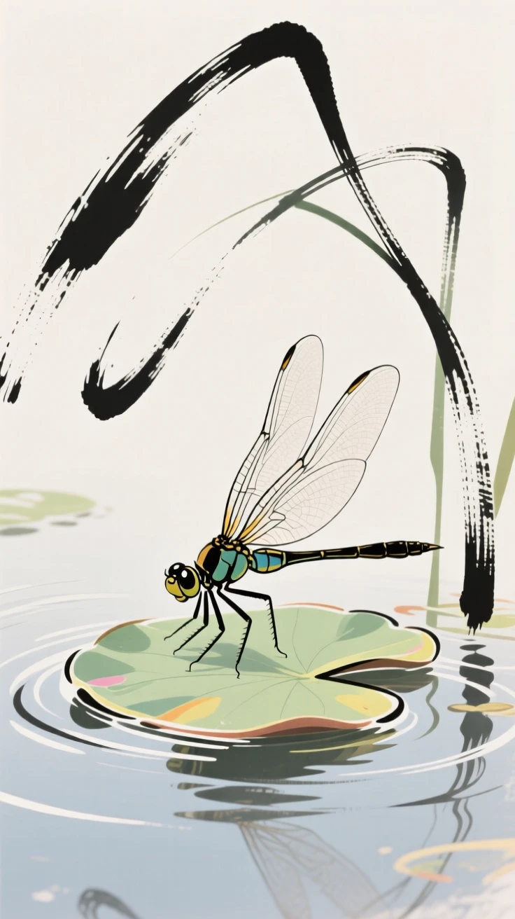 A dragonfly resting on a lily pad in a quiet pond.