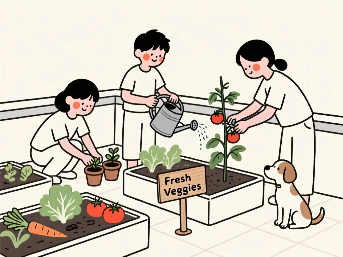 A group of friends tending a rooftop vegetable garden.