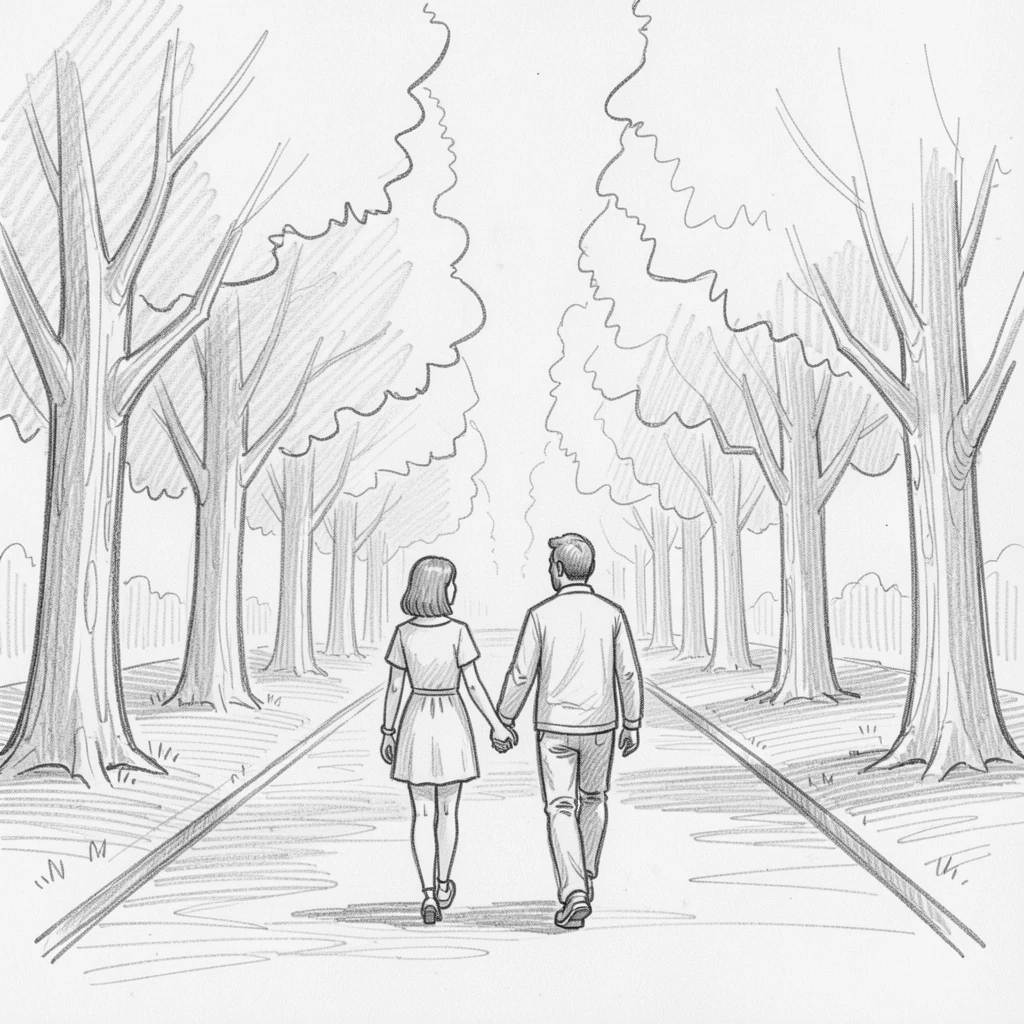 A couple walking hand in hand through a park, along a quiet tree-lined avenue, with the scent of fresh bread lingering in the air.