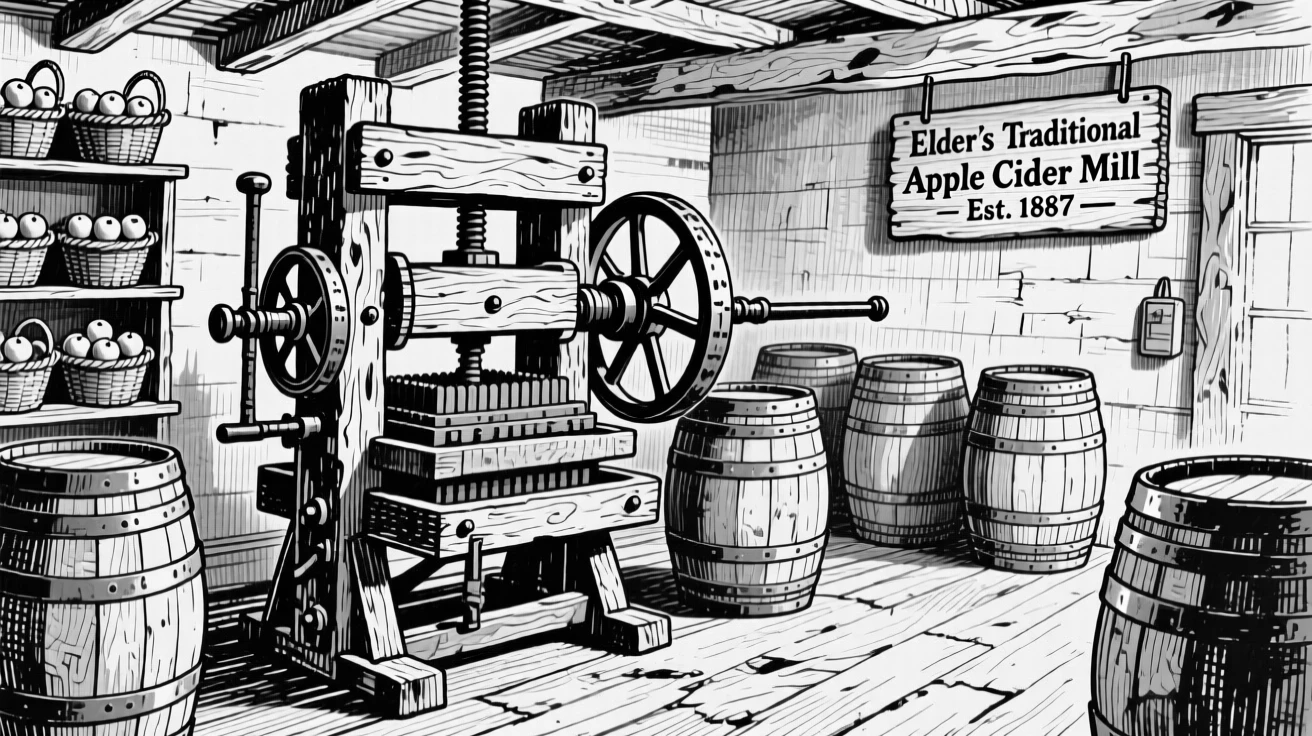 A rustic apple cider mill interior with wooden presses and barrels.