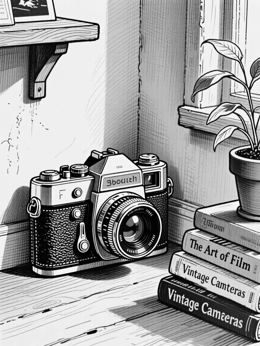 A classic film camera tucked into the corner of a cozy room, with fine scratches telling of years of use, forming a full of quiet character still-life study.
