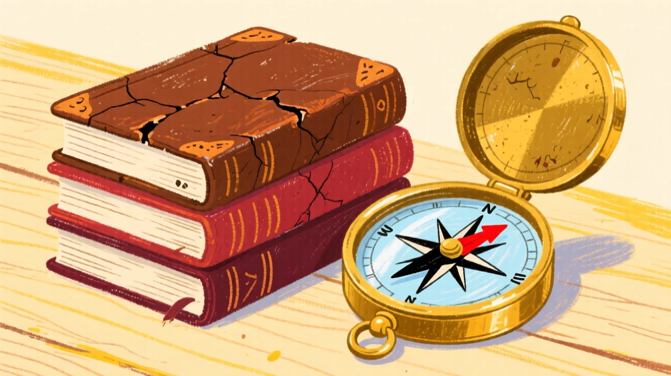 A stack of old leather bound books beside a brass compass.