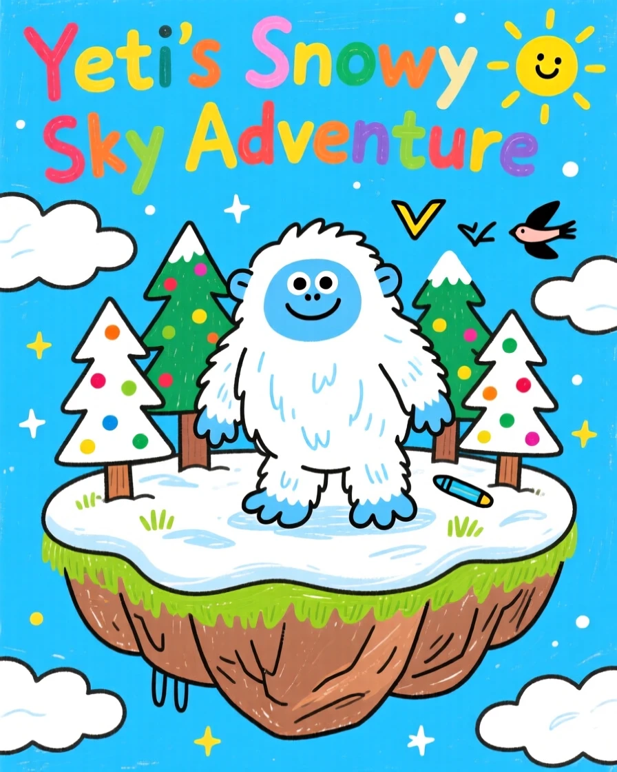 A curious yeti exploring a snowy forest atop a floating island in the sky.