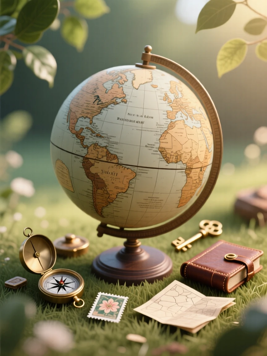 A vintage globe surrounded by small travel trinkets, arranged within a softly blurred natural setting, framed tightly to emphasize fine texture and detail, with a clean, elegant simplicity.
