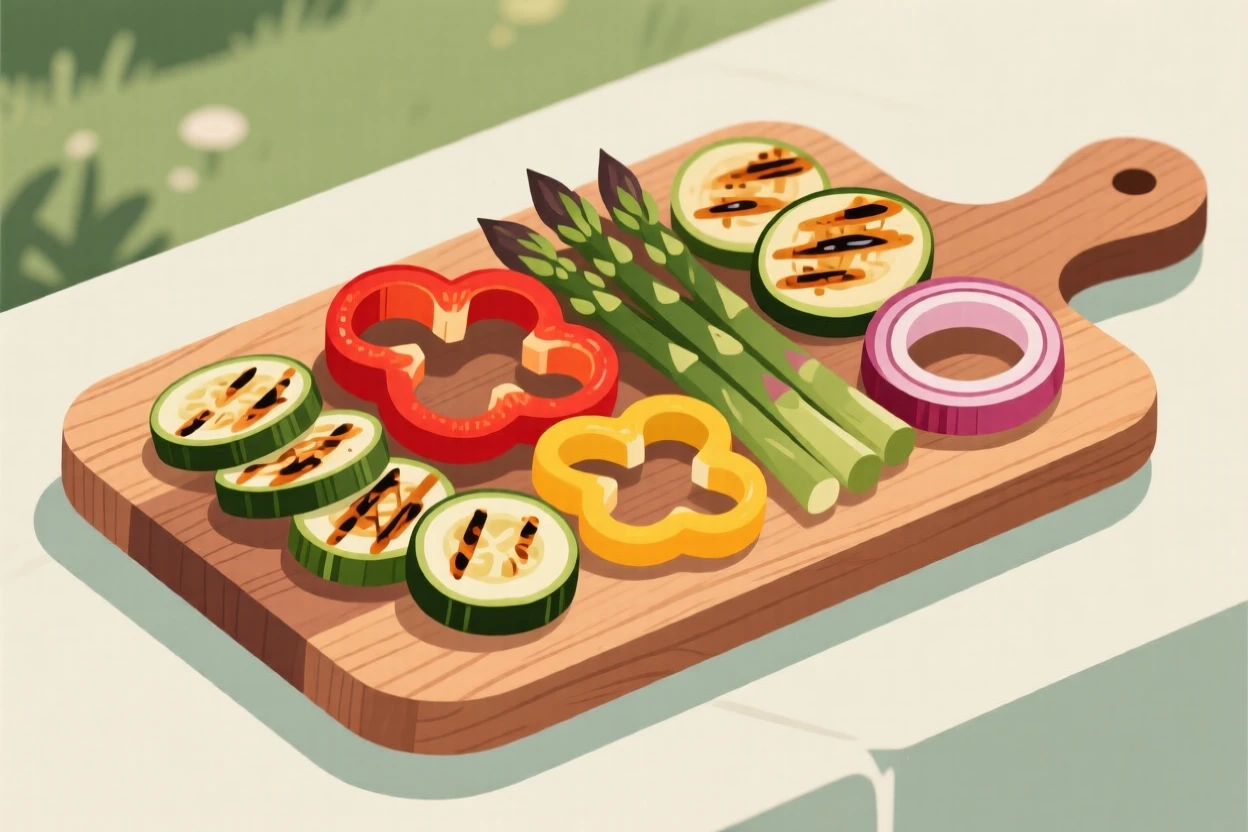 A platter of grilled vegetables beautifully displayed on a rustic wooden board at a garden party.