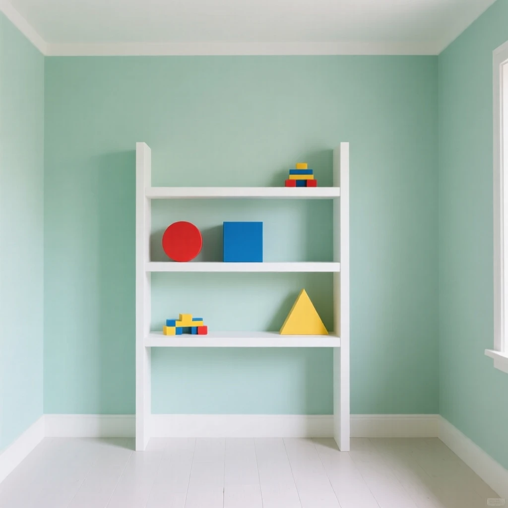 A children's bedroom with toy shelves