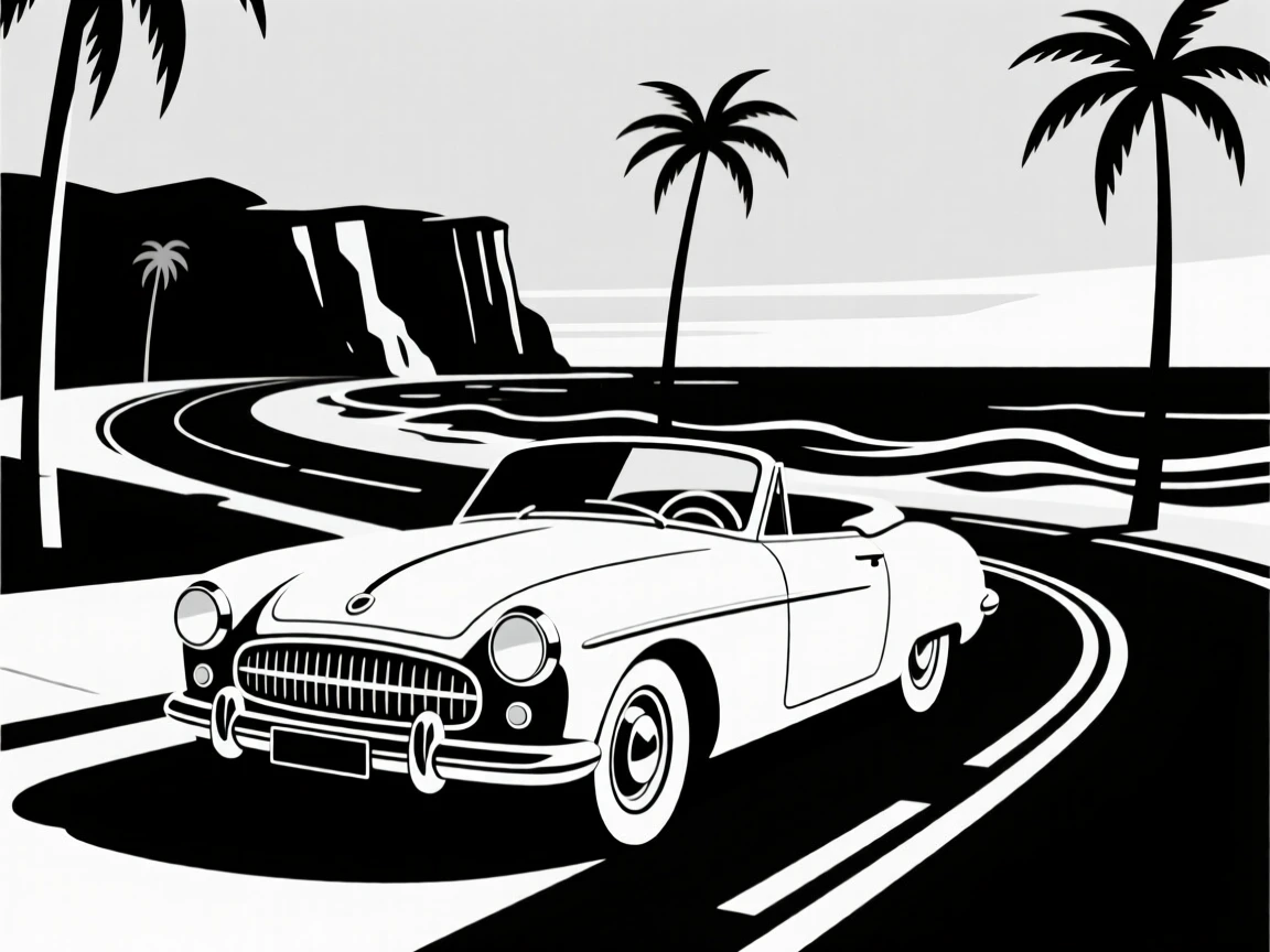 A vintage convertible parked along a coastal road.