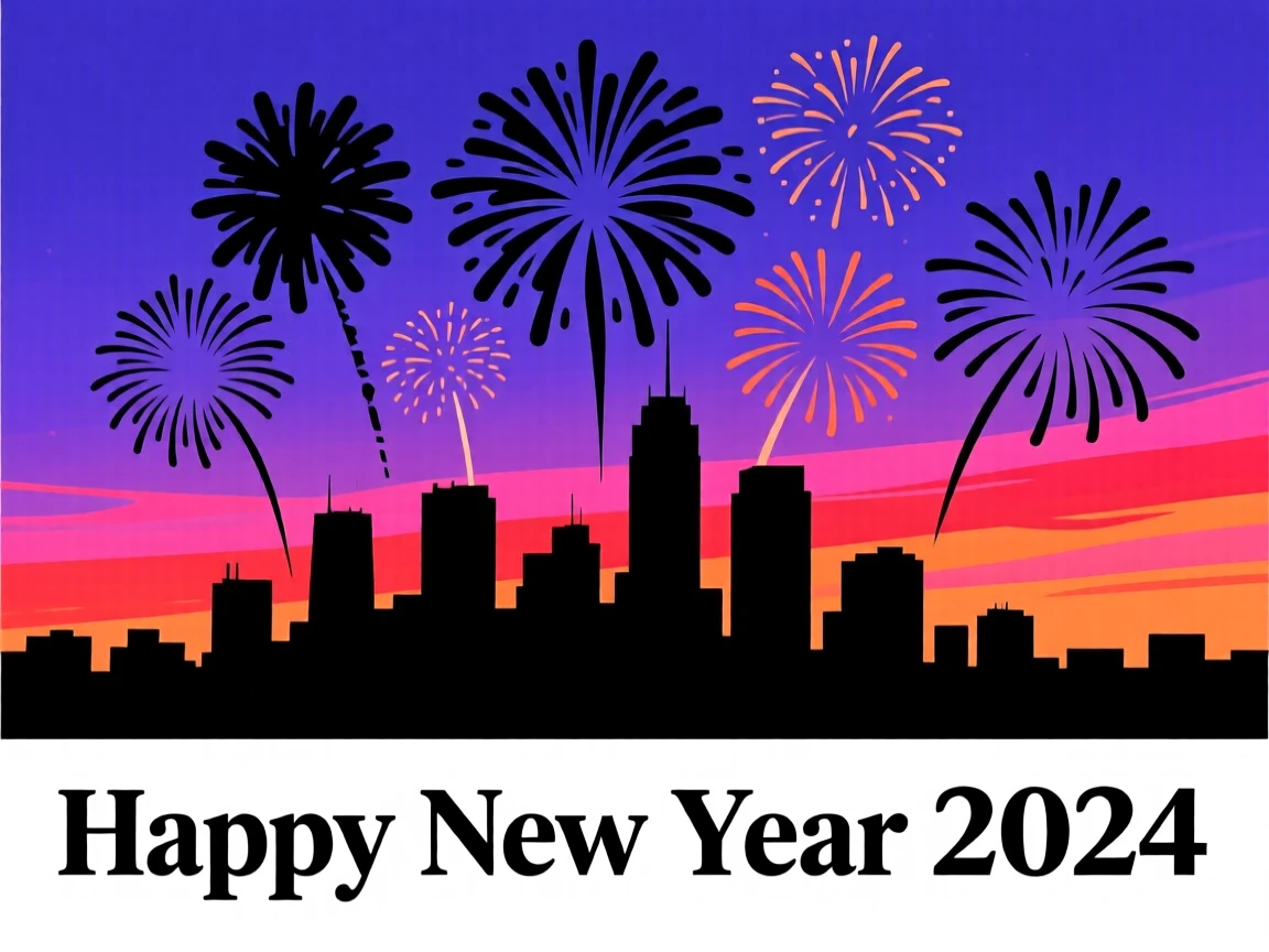 Fireworks bursting over a city skyline to celebrate the New Year.