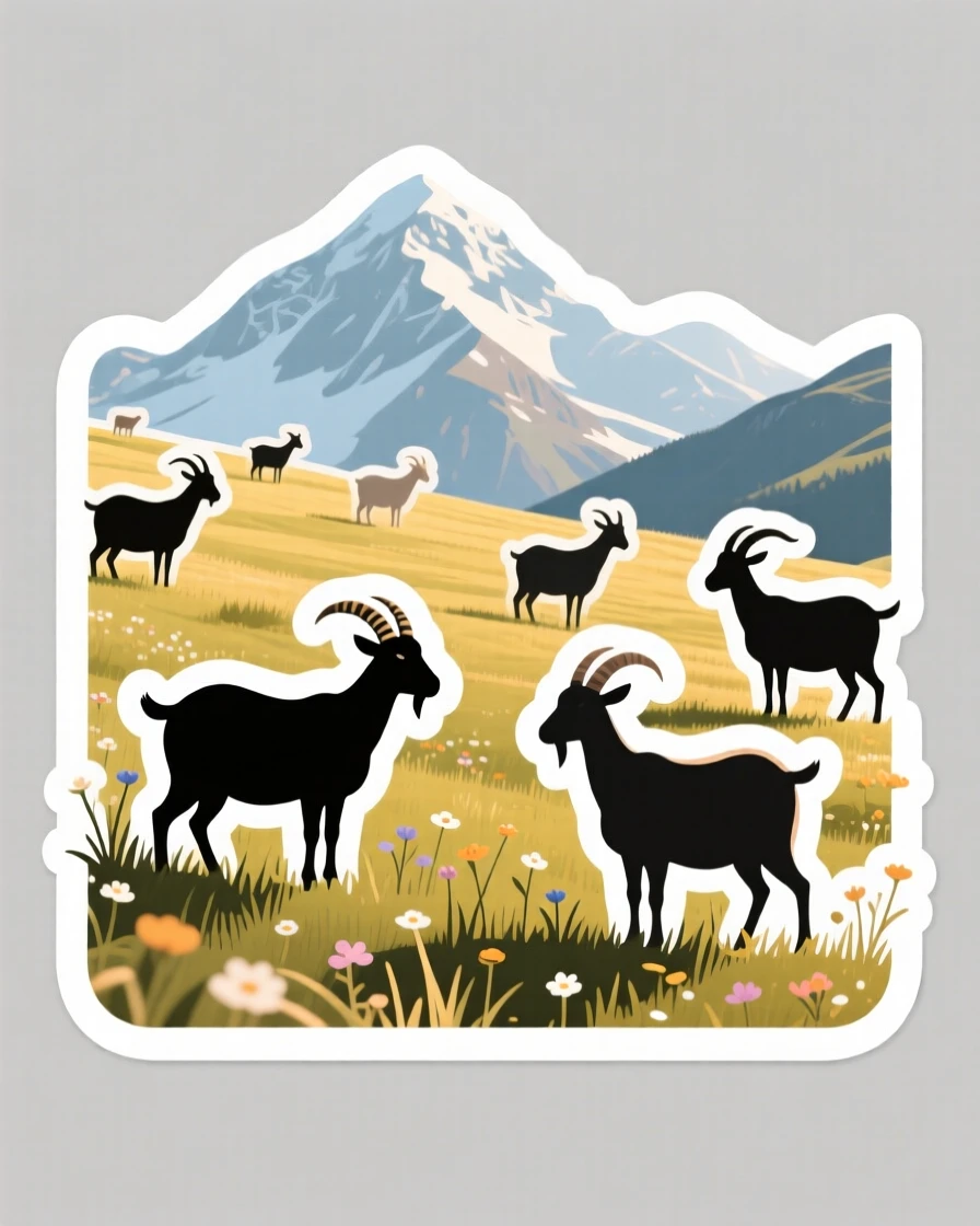 A majestic alpine meadow with grazing goats, illuminated by warm afternoon sunlight, on a clear and cloudless day.
